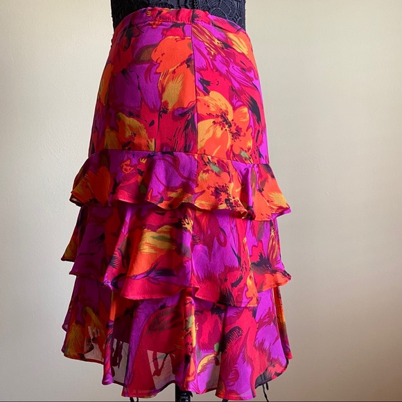 Vintage '90s Graphic Floral Silk Flower Print Ruffle Skirt Zip Elastic Waistband - Picture 4 of 5